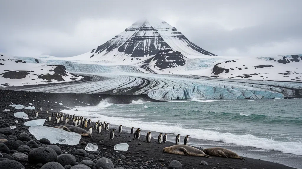 Il vulcano Mawson Peak e il ghiaccio dei ghiacciai sopra una spiaggia vulcanica nera con pinguini reali sulla remota Heard Island nel subantartico