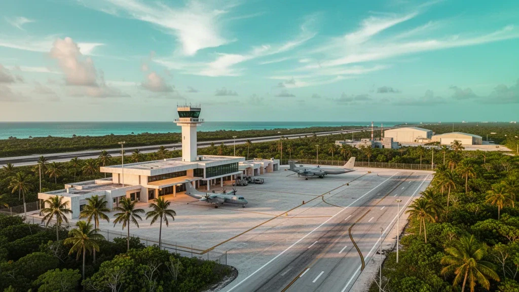 Terminal de base aérea naval tropical, torre de control y pista en Tulum, Quintana Roo, rodeados de palmeras y luz caribeña de hora dorada