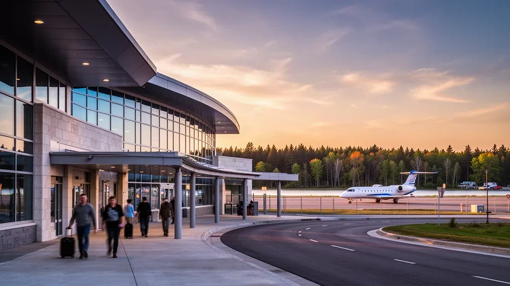 Moderne Glasfassade des Terminals am Cherry Capital Airport in Traverse City, Michigan, die zur goldenen Stunde mit Fahrspuren zum Aussteigen am Straßenrand leuchtet