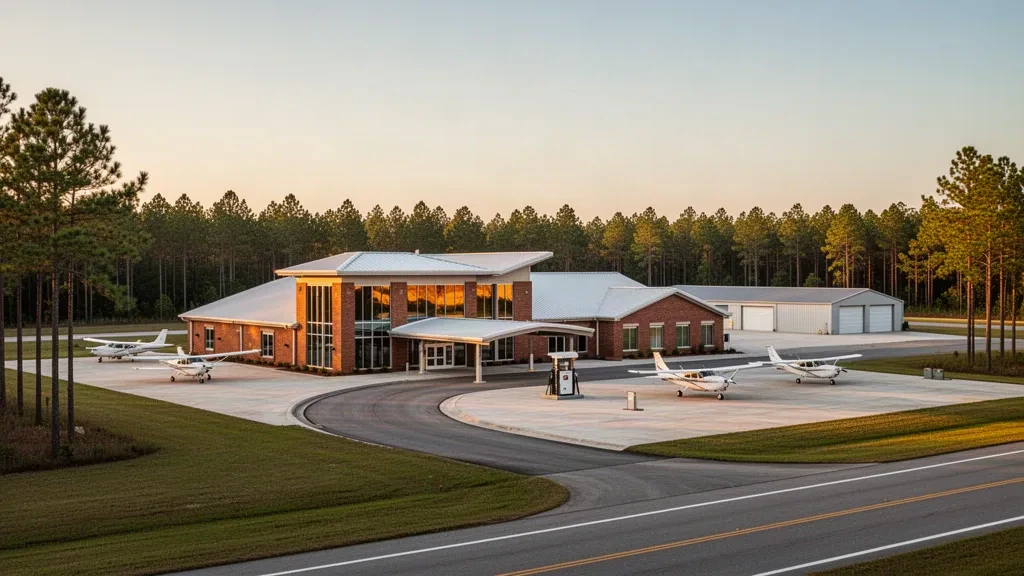 Golden-hour view of Thomasville Regional Airport's brick terminal, aircraft apron and hangars framed by southwest Georgia pines