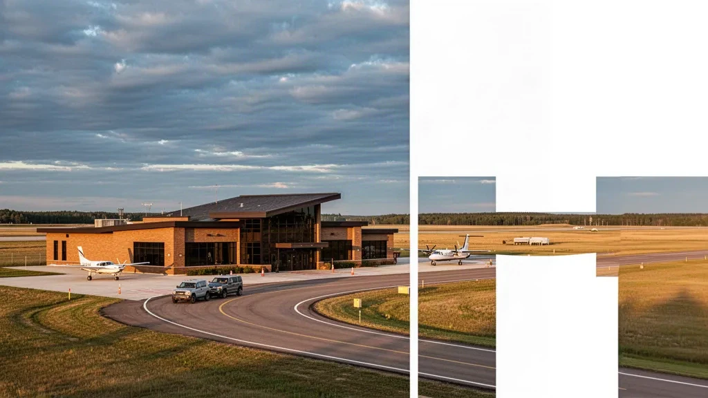 Terminal bas, voie de dépose et horizon de prairie ouverte à l'aéroport régional de Thief River Falls dans le Minnesota sous une lumière d'heure dorée