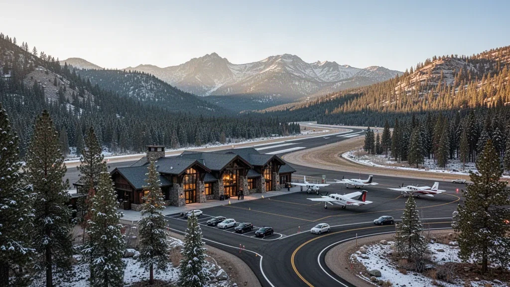 Terminal alpina de madera y pista flanqueada por pinos en el Aeropuerto de Lake Tahoe, California, durante la hora dorada