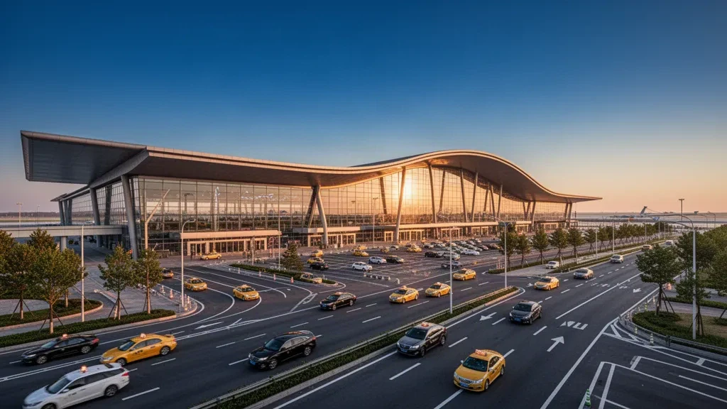Modernes gläsernes Terminalgebäude des Flughafens Tangshan Sannühe mit VorfahrtsSpuren und Fahrzeugen im warmen Licht der goldenen Stunde.