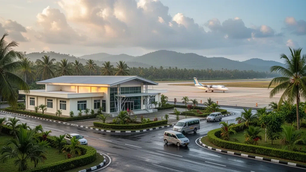 Flaches Terminal, Vorfeld und palmengesäumte Zufahrtsstraße am Flughafen Dawei in Myanmar unter einem goldenen Monsunhimmel