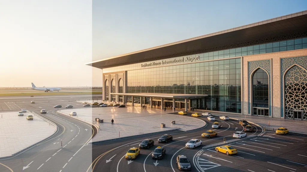 Esterno moderno del terminal in vetro all'Aeroporto Internazionale Tashkent-Khumo in Uzbekistan durante l'ora d'oro, linee pulite e cielo aperto.