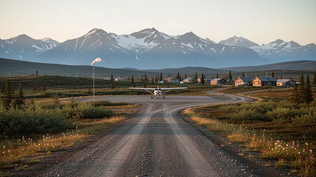 Schotterpiste und Tundra-Hügel am Flughafen Twin Hills in Alaska im warmen Licht der goldenen Stunde, mit einem kleinen Buschflugzeug in der Nähe.
