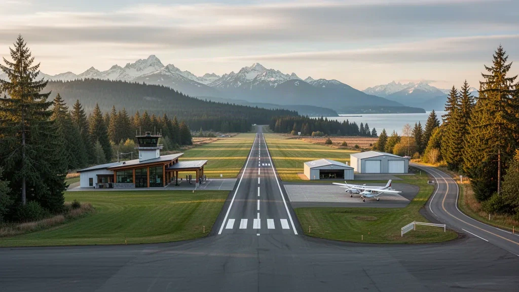 Kleinflugzeug auf dem Vorfeld des Jefferson County International Airport bei Port Townsend, Washington, umrahmt von immergrünem Wald und Bergen