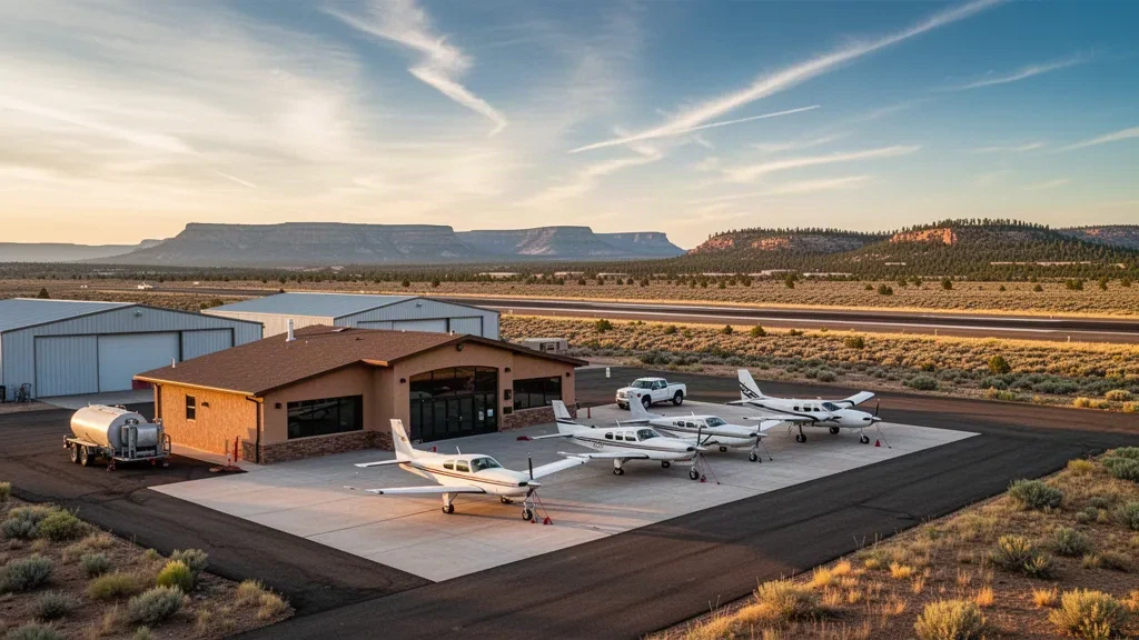 Veduta all'ora d'oro dell'Aeroporto di Taylor in Arizona, con il piccolo terminal, gli hangar e il piazzale degli aerei sullo sfondo delle mesas dell'alto deserto.
