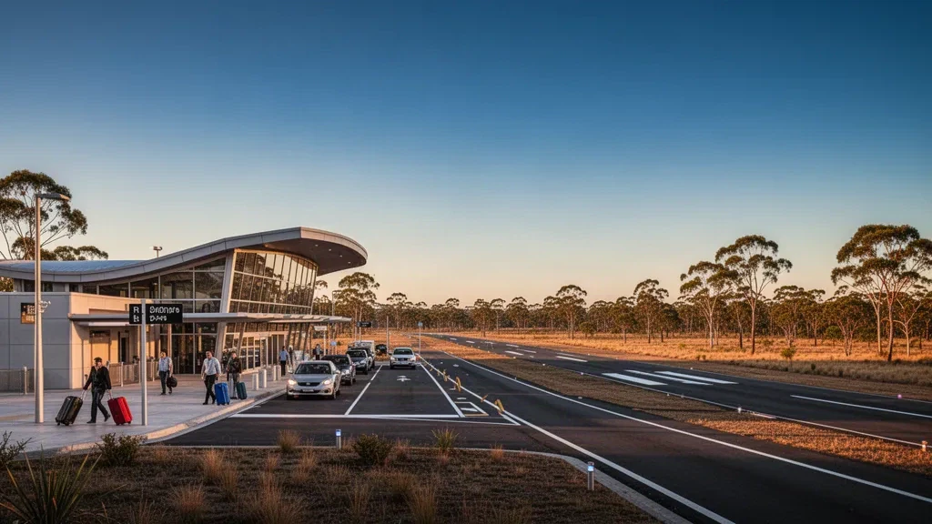 Modern regional terminal and runway at Torwood Airport in Queensland, Australia during golden hour