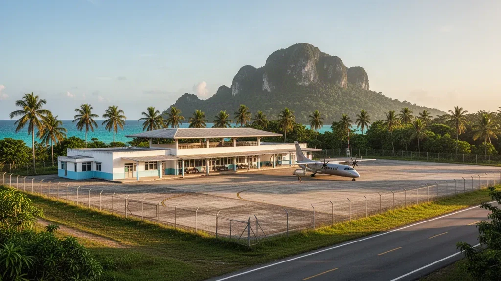 Single-story terminal and apron at Sanga-Sanga Airport in Bongao, Tawi-Tawi, with a tropical peak rising behind the airfield.