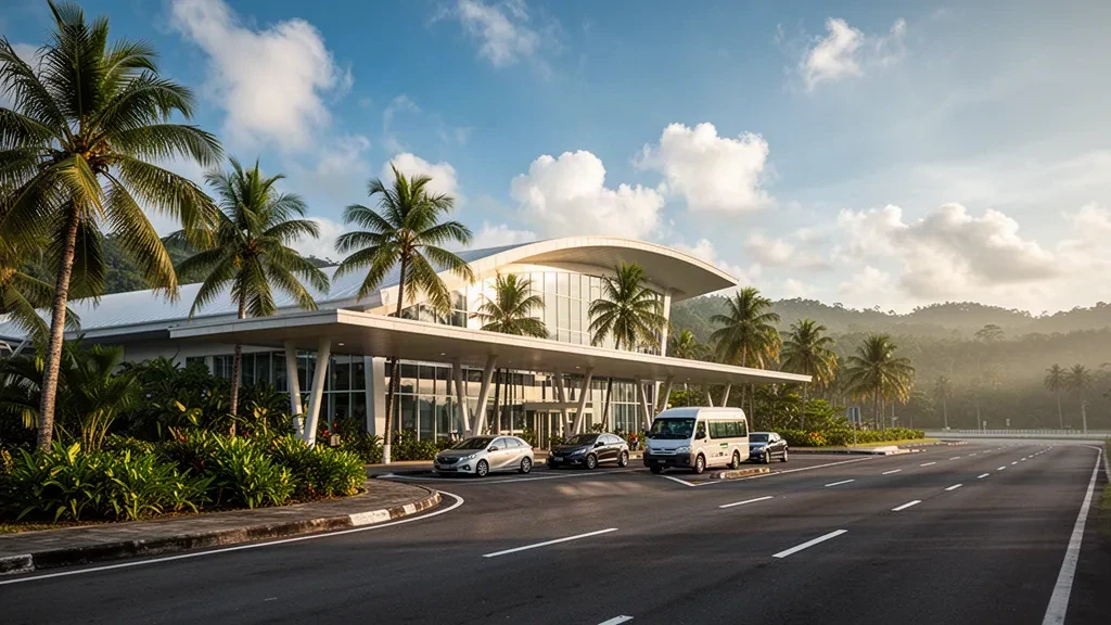 Extérieur d'un terminal tropical et voie de dépose bordée de palmiers à l'aéroport de Tawau, dans l'État de Sabah, en Malaisie, éclairés par la douce lumière équatoriale de l'après-midi.