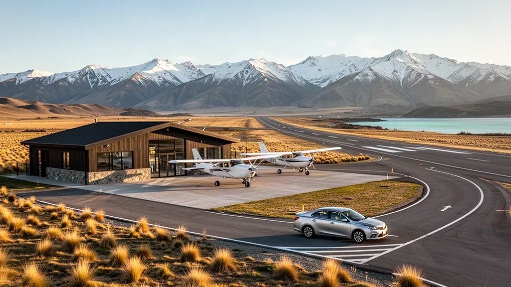 Small regional terminal and apron at Pukaki Airport near Twizel with the Southern Alps and turquoise glacial scenery beyond