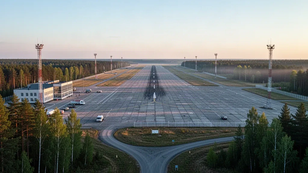 Vue panoramique à l'heure dorée de la base aérienne de Balbasovo près d'Orsha, en Biélorussie, avec piste en béton, voie de circulation et forêt de pins en bordure de l'aérodrome