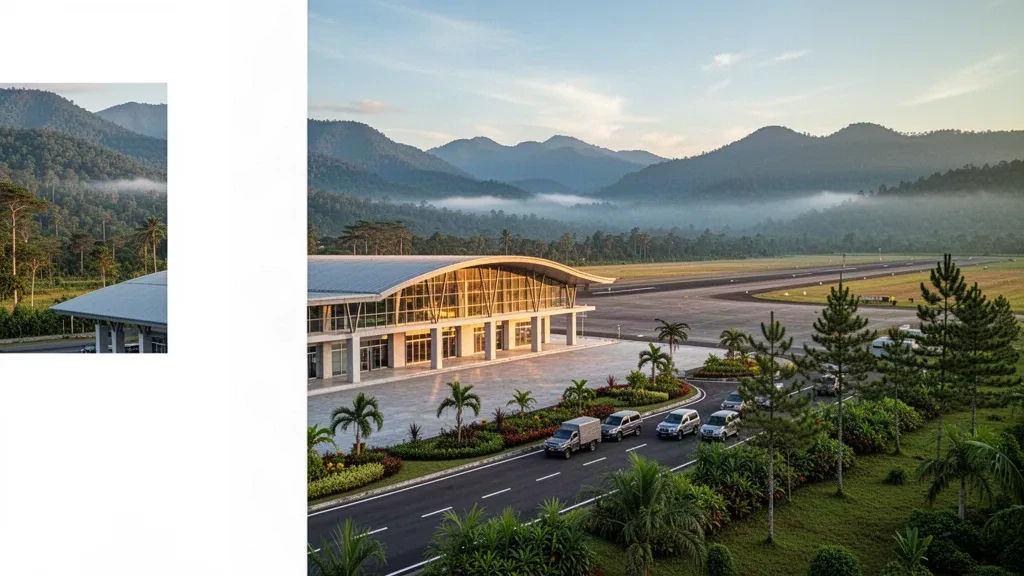 Modernes Terminal und Startbahn am Flughafen Rembele in Takengon, Aceh, eingerahmt von nebligen tropischen Hochlandhügeln bei Sonnenaufgang.
