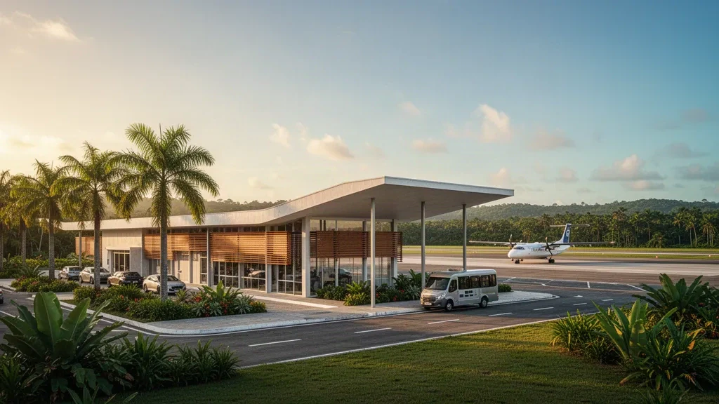 Terminal basso e corsia di sosta bordata di palme all'Aeroporto di Teixeira de Freitas in Bahia, Brasile, illuminati dalla calda luce dell'ora d'oro