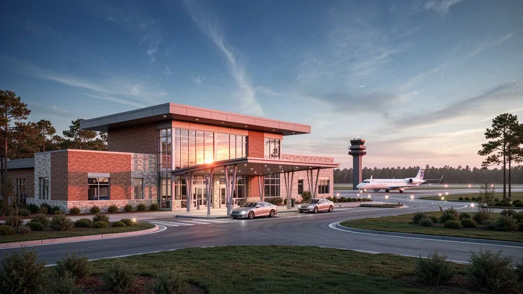 Moderne Glasfassade des Terminals und Vorfahrtspur am Texarkana Regional Airport, Webb Field, in warmem Licht der goldenen Stunde