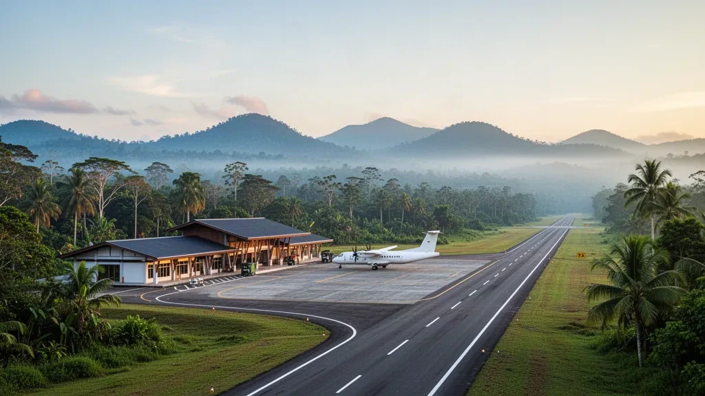 Tropical regional airport terminal and runway at Teminabuan Airport in West Papua, Indonesia, framed by forested hills.