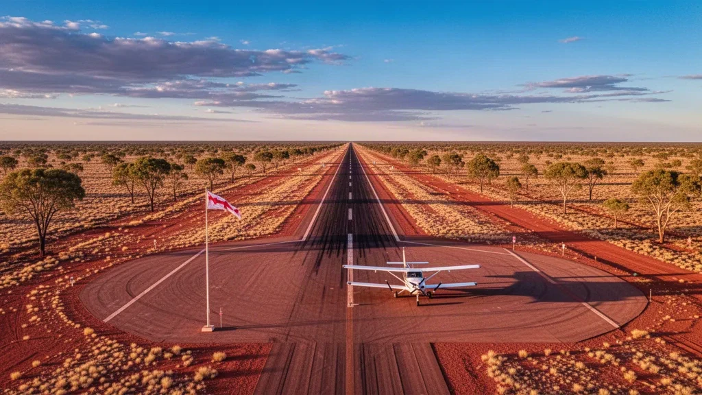 Wide view of Tanbar Airport runway in remote outback Queensland, Australia, with red earth, dry scrub, and a small aircraft at golden hour.