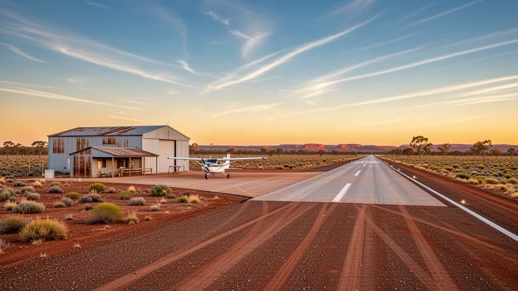 Abgelegener Outback-Flugplatz am Tibooburra Airport im äußersten Westen von New South Wales, mit einem Kleinflugzeug, niedrigem Hangar und roten Wüstenebenen zur goldenen Stunde