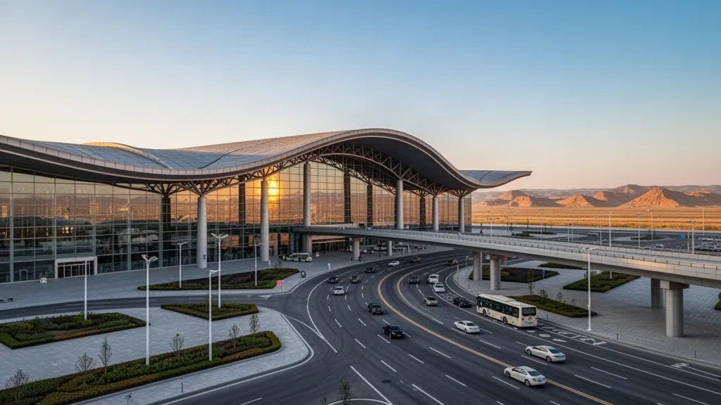 Modern glass terminal exterior at Taiyuan Yaocheng Airport during golden hour with drop-off lanes and open sky above the roadway