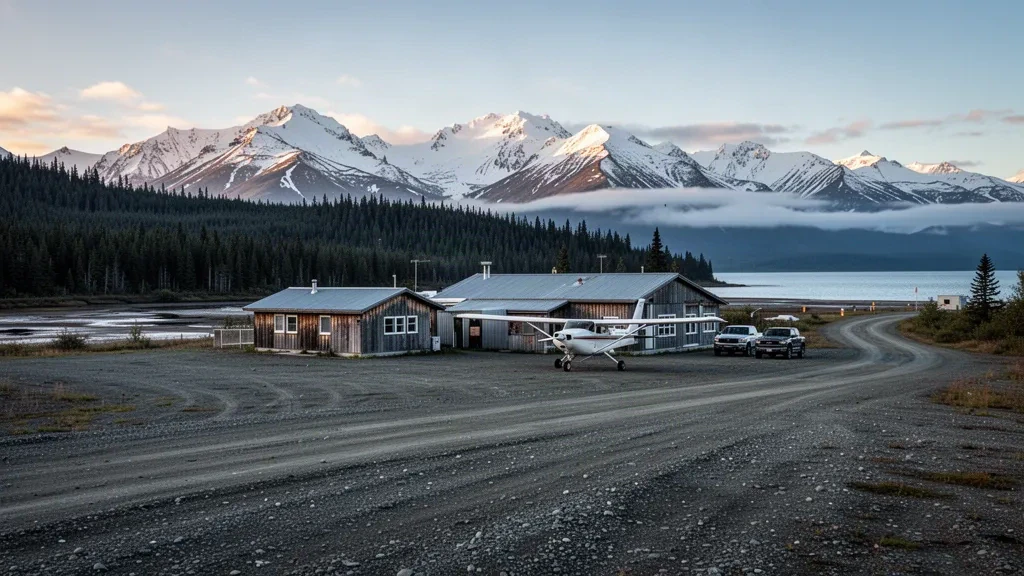 Gravel runway and small wooden terminal at Tyonek Airport in Alaska, framed by spruce forest, Cook Inlet and distant snow-capped mountains.
