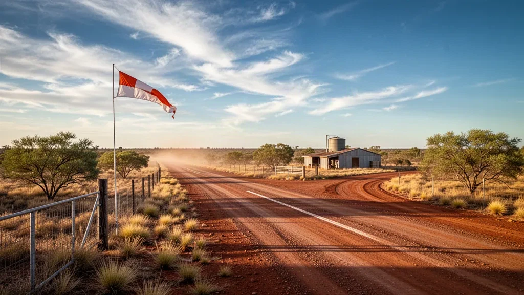Red-earth Outback Queensland airstrip at Thylungra Airport with scrub, a windsock and wide blue sky at golden hour