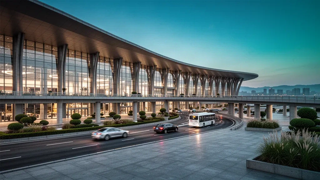 Moderne Glasfassade des Terminals am internationalen Flughafen Taiyuan Wusu in der Abenddämmerung mit Vorfahrtspuren, Taxis und einem weiten offenen Himmel.