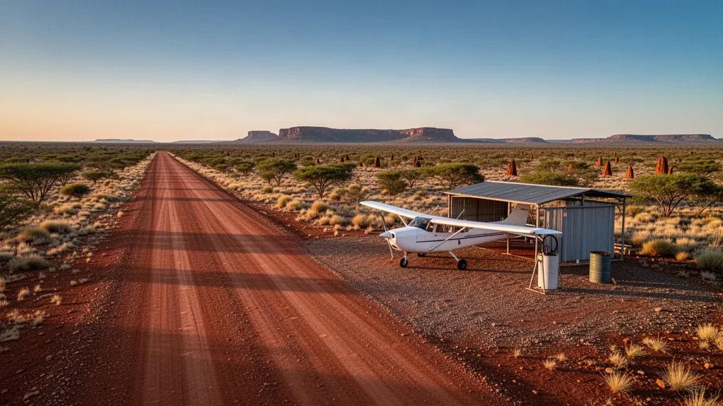 Remote red-dirt airstrip at Tobermorey Airport in Australia's Northern Territory with a parked light aircraft at golden hour