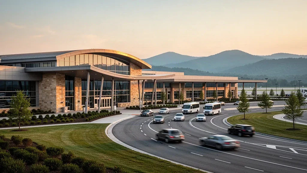 Terminal moderna de vidrio y carriles curvos de descenso en el aeropuerto McGhee Tyson, cerca de Knoxville, Tennessee, con las Smoky Mountains al fondo