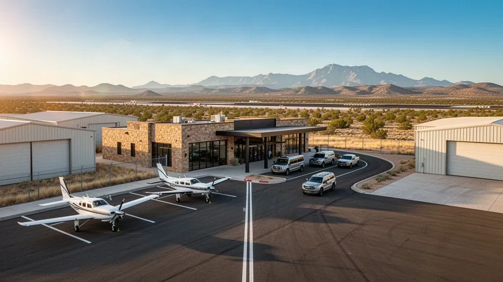 Small desert municipal airport apron and runway with hangars and terminal near Taylor, Arizona at golden hour