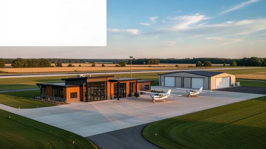 Golden-hour view of Tuscola Area Airport in Caro, Michigan, with a small terminal, hangars, and a single-engine plane on the apron.