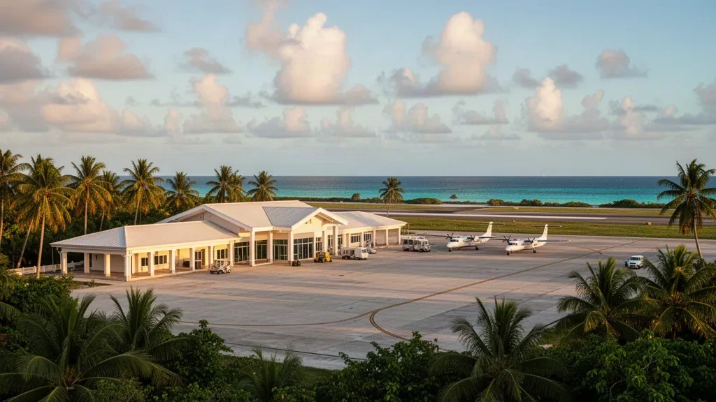 Terminal tropicale basso e pista fiancheggiata da palme all'Aeroporto Municipale Sir Barry Bowen di Belize City durante l'ora d'oro