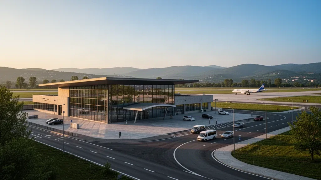 Modernes Glasterminal und Zufahrtsstraße am Flughafen Tuzla International in Bosnien und Herzegowina im Licht der goldenen Stunde