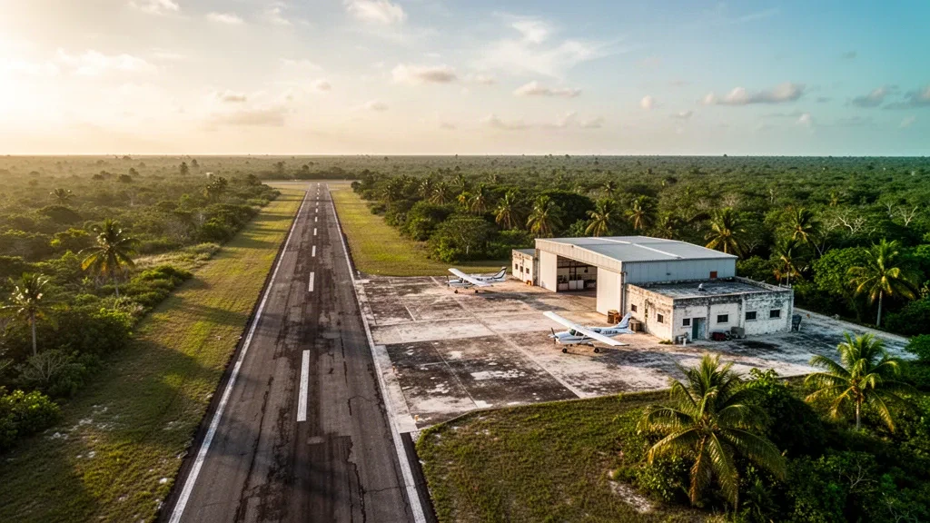 Piccola pista di un aerodromo tropicale, piazzale e hangar basso all'Aeródromo de Cupul vicino a Tizimín, Yucatán, nella calda luce del tardo pomeriggio