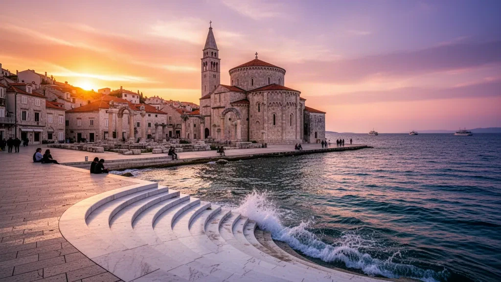 Centro storico di Zadar sul lungomare al tramonto con l'Organo Marino e il Foro Romano sulla costa adriatica della Croazia