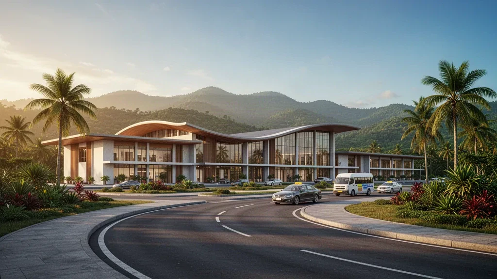 Terminal moderno in vetro e legno dell'Aeroporto Internazionale Kay Rala Xanana Gusmão a Suai, Timor Est, illuminato dalla luce dell'ora d'oro