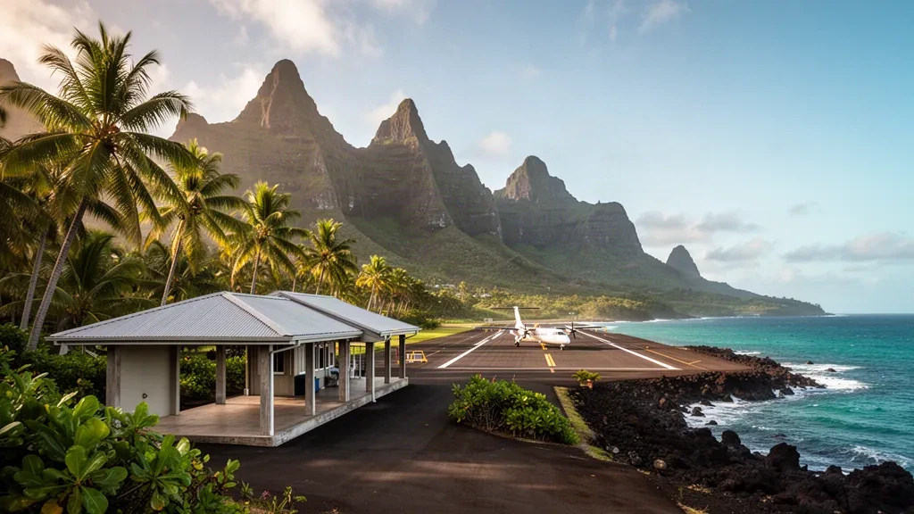Petit terminal tropical et aire de stationnement bordée de palmiers à l'aéroport d'Ua Pou dans les îles Marquises, avec des pics volcaniques et l'océan Pacifique au-delà