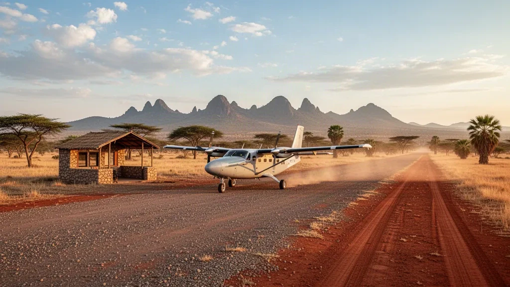 Small safari airstrip near Samburu National Reserve in Kenya with a light aircraft on a gravel runway at golden hour