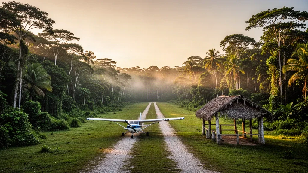 Light aircraft on the narrow rainforest airstrip at Uaxactun Airport in Petén, Guatemala, ringed by dense jungle canopy at sunrise