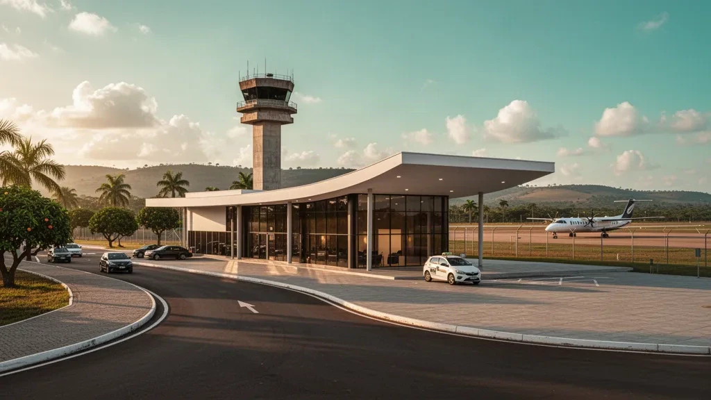 Esterno moderno in vetro del terminal dell'aeroporto Mário de Almeida Franco a Uberaba, in Brasile, illuminato durante l'ora d'oro