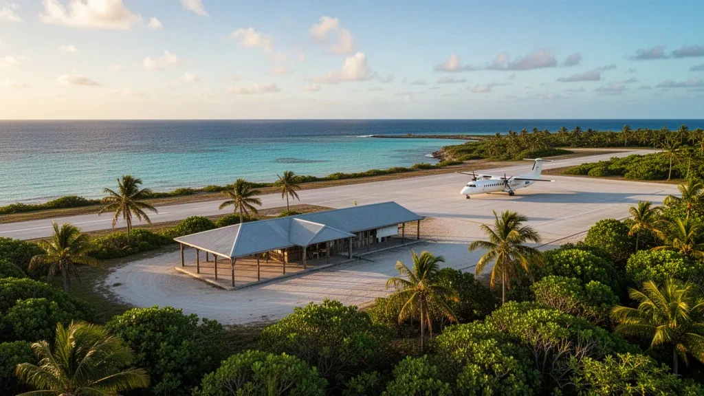Piste tropicale et petit terminal de l'aéroport de Mabuiag Island dans le détroit de Torres, Queensland, avec mer turquoise et palmiers.