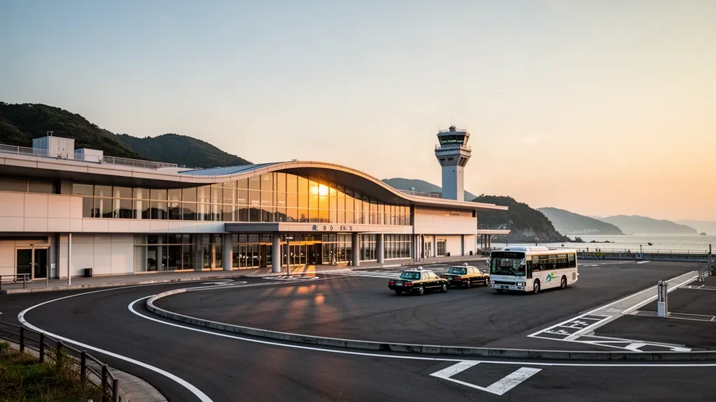 Extérieur moderne du terminal en verre de l'aéroport de Yamaguchi Ube au Japon, avec voies de dépose le long du trottoir et taxis baignés dans la lumière de l'heure dorée