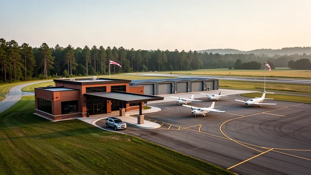 Modernes Backsteinterminal und Flugzeugabstellfläche am Columbus-Lowndes County Airport in Mississippi im warmen Licht der goldenen Stunde