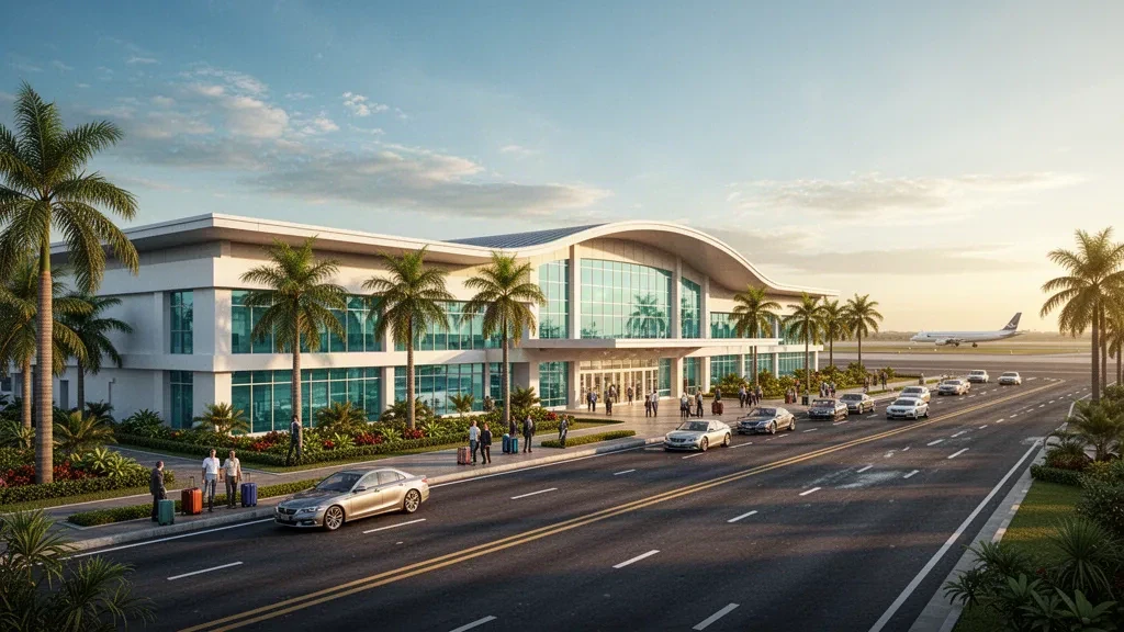 Tayland'daki Ubon Ratchathani Havalimanı'nda gün batımı saatlerinde tropikal peyzaj ve erişim yolu ile modern terminal binasının dış görünümü.