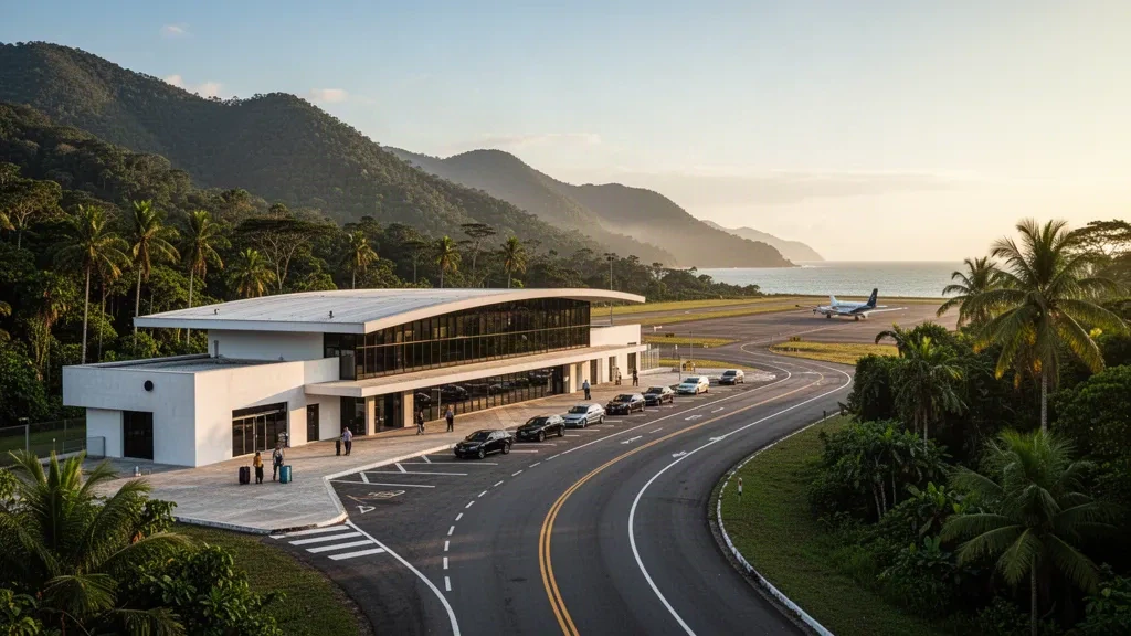Modern terminal and drop-off area at Ubatuba Gastão Madeira State Airport, with coastal mountains and Atlantic Forest in the background.