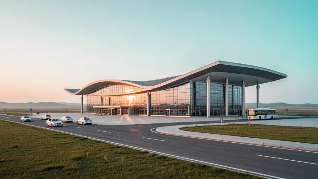 Extérieur moderne du terminal vitré de l'aéroport d'Ulanqab Jining en Mongolie-Intérieure sous une lumière chaude d'heure dorée