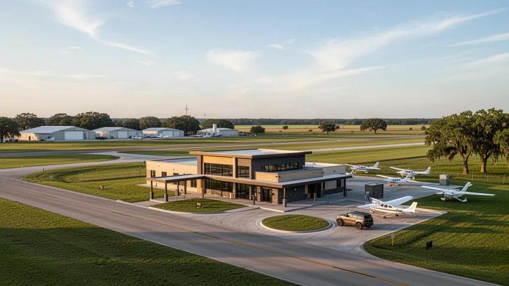 Small regional airport terminal, runway and hangars in Eunice, Louisiana at golden hour with open sky and clean space for website hero banners.