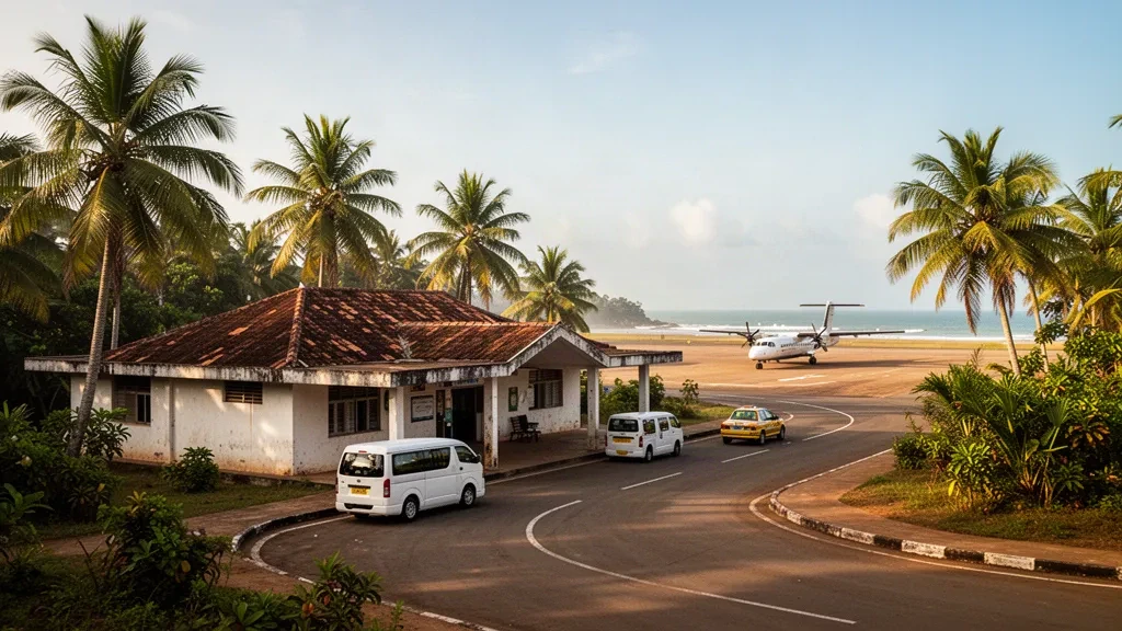 Buchanan Airport in Liberia mit einem niedrigen tropischen Terminal, Palmen und einem kleinen Zubringerflugzeug auf dem Vorfeld zur goldenen Stunde