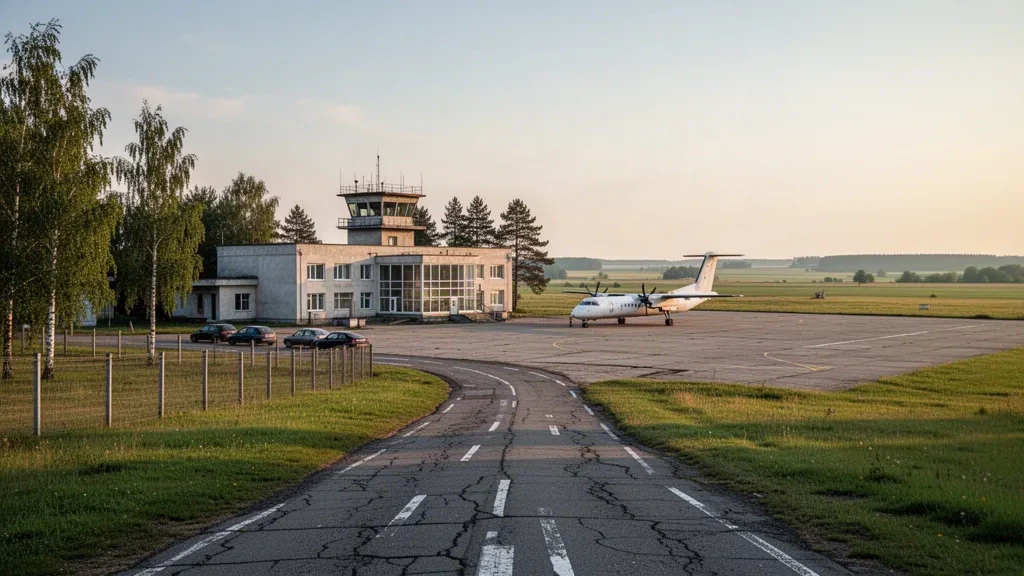 Piccolo terminal aeroportuale regionale e torre di controllo accanto a un piazzale in cemento vicino a Lutsk, Ucraina, nella calda luce del tardo pomeriggio