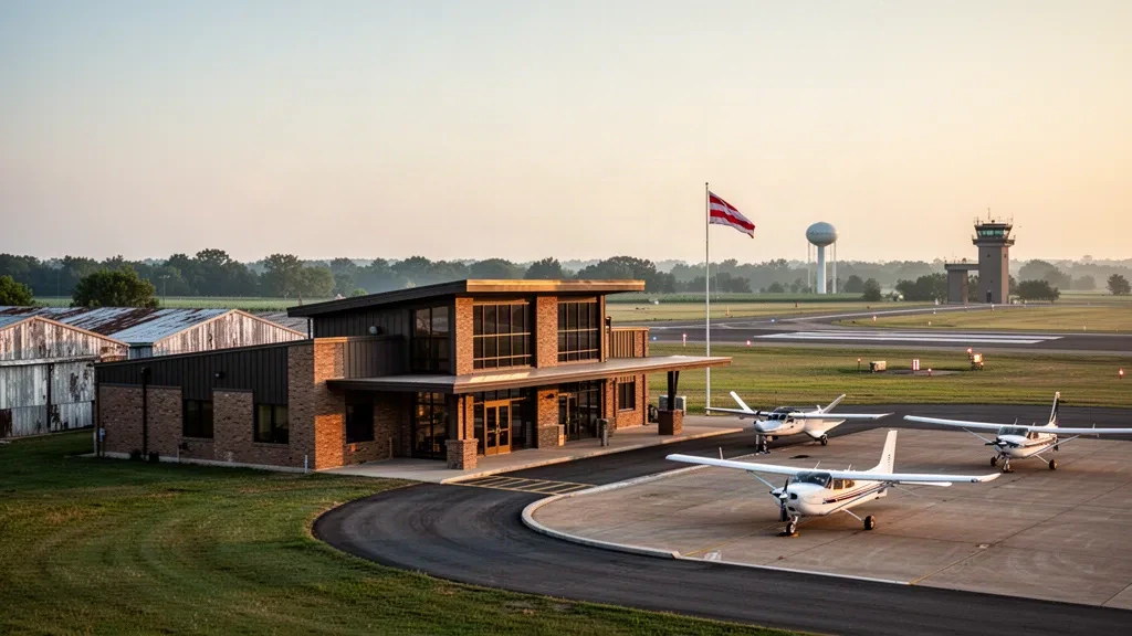 Kleines Regionalflughafenterminal, Hangars und Leichtflugzeuge auf dem Vorfeld am Everett-Stewart Regional Airport in Union City, Tennessee, zur goldenen Stunde